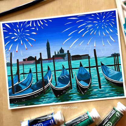 Fireworks in Venice | Gouache on paper